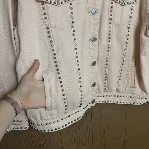 POL Studded Denim Jacket with Silver Rhinestone Trim Detail Light Pink Size S - Picture 5 of 8